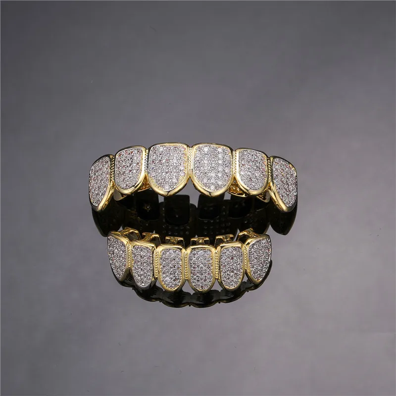 

Hip Hop Full Iced Out Teeth Grillz Bling Cubic Zircon Micro Pave Top & Bottom Charm Grills Set For Men Women Jewelry