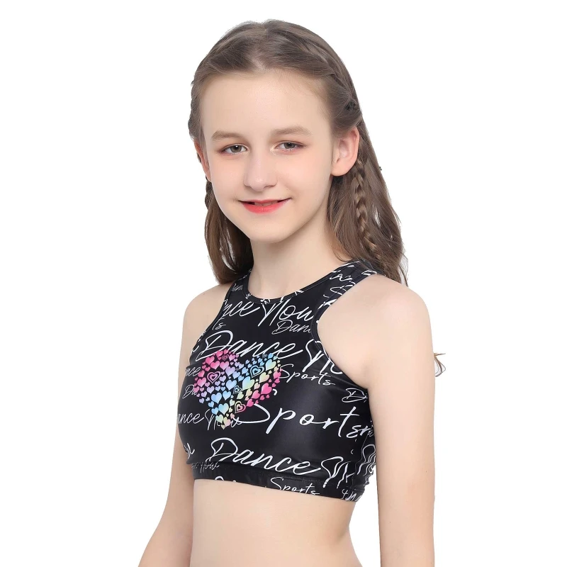 

Custom Kids Girls Sports Crop Top Sleeveless Letters and Heart Shaped Printed Yoga Gyn Dance Tan Top For 4-14