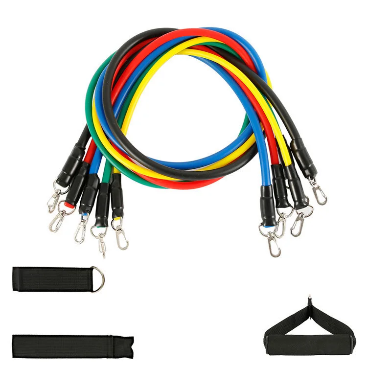 

High Quality Home Workout 11 Piece Natural Latex Resistance Band Set, Blue, black, green, red, yellow
