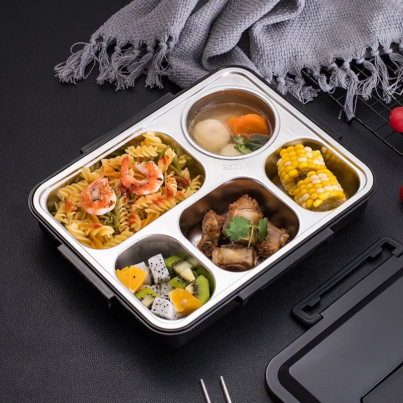

Eco-Friendly Stainless Steel 304 2 Layer Warmer Square 5 compartment with Fork And Spoon Lunch Bento Box, Black/green/blue/pink