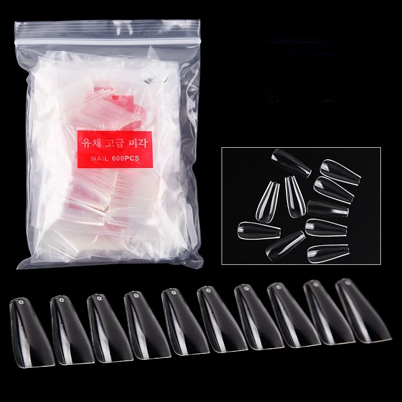 

600PCS Ballet Nails Full Cover sticker Long Coffin Nails T-step Transparent White Clear No Trace Nail Tips, As picture shown