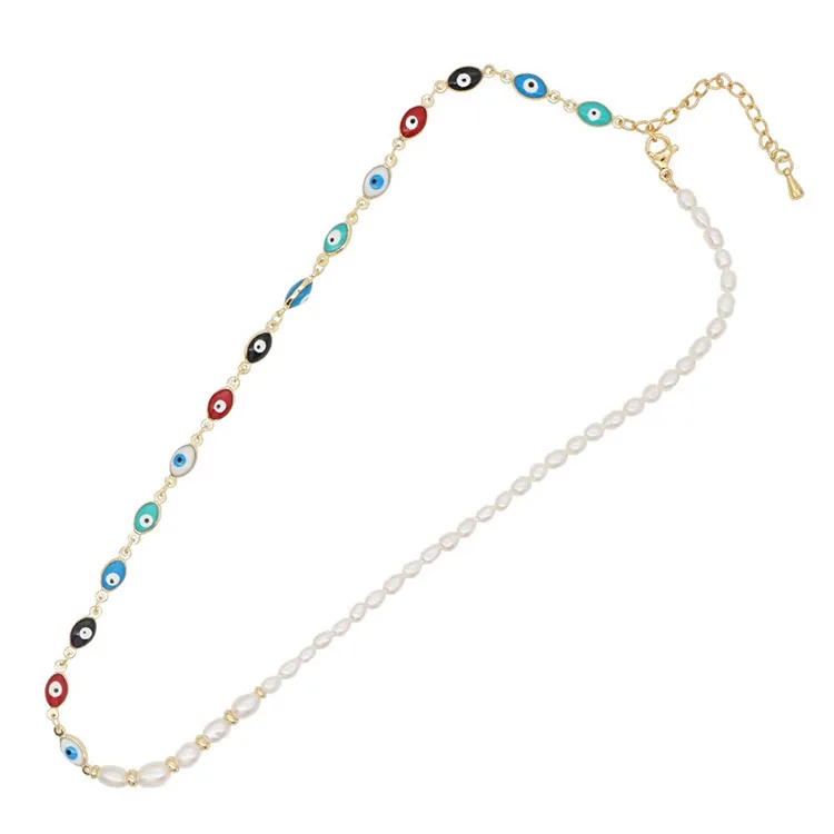 

Multicolor Enamel Eye Necklace With Pearl,Stainless Steel Chain Satellite Chain Layering Chain Necklace