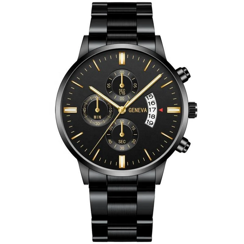 

Hot Sell Geneva Mens Hand Watch Black Silver Dial Calendar Simple Quartz Male Steel Watches relgio masculino TW520