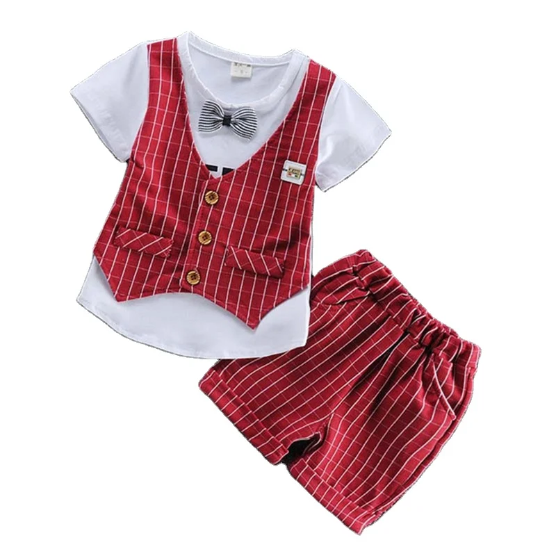 

Spring and summer boys' clothing plaid top + pants 2-piece sportswear suit