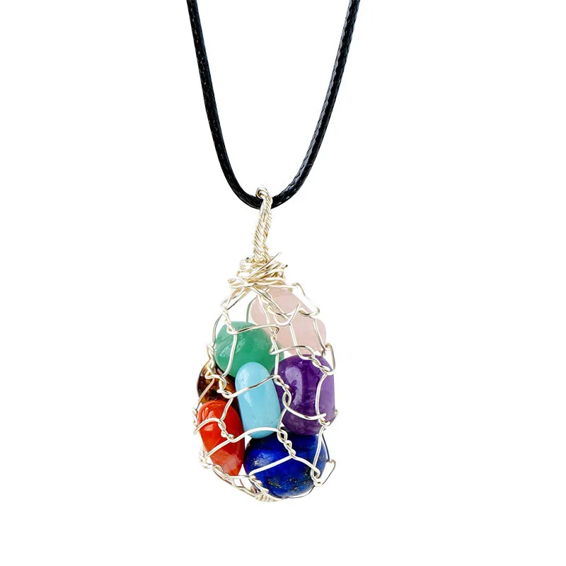 

Natural crystal rolling stone net pocket pendant manual copper wire woven winding system necklace wholesale