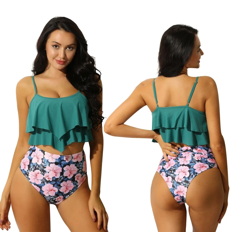 

Custom Two Piece Bathing Suits Women Colorful Floral Print Ruffled Top Bikini Triangle Briefs Tankini