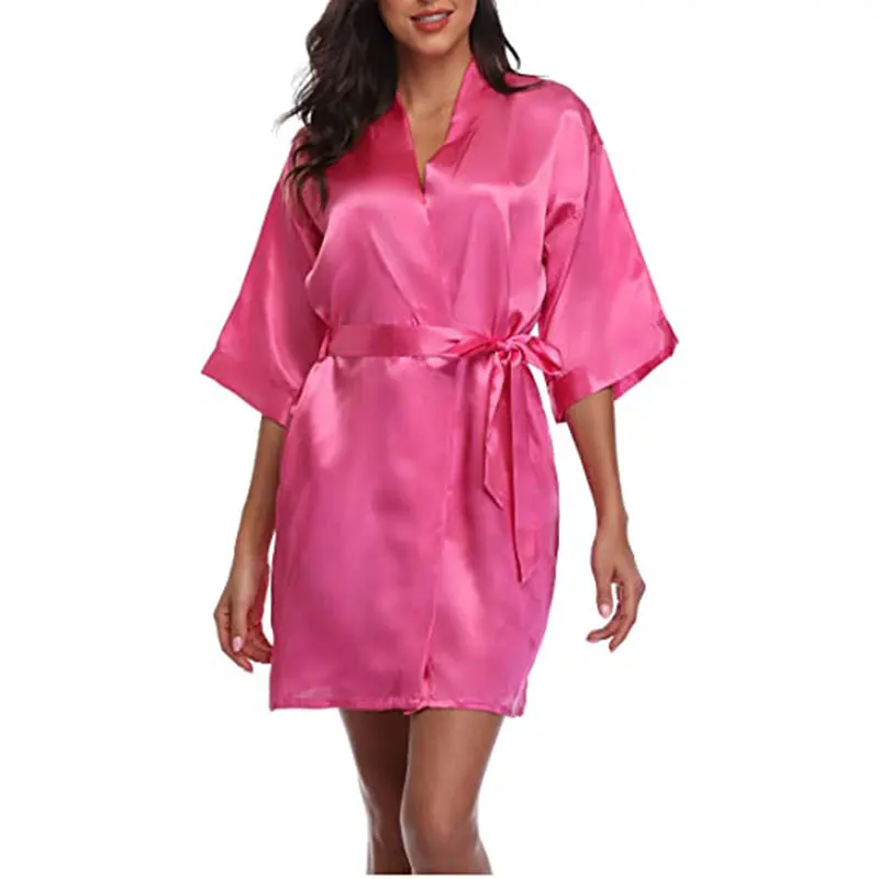 Women's Pure Color Satin Short Kimono Bridesmaids Lingerie Robes Satin