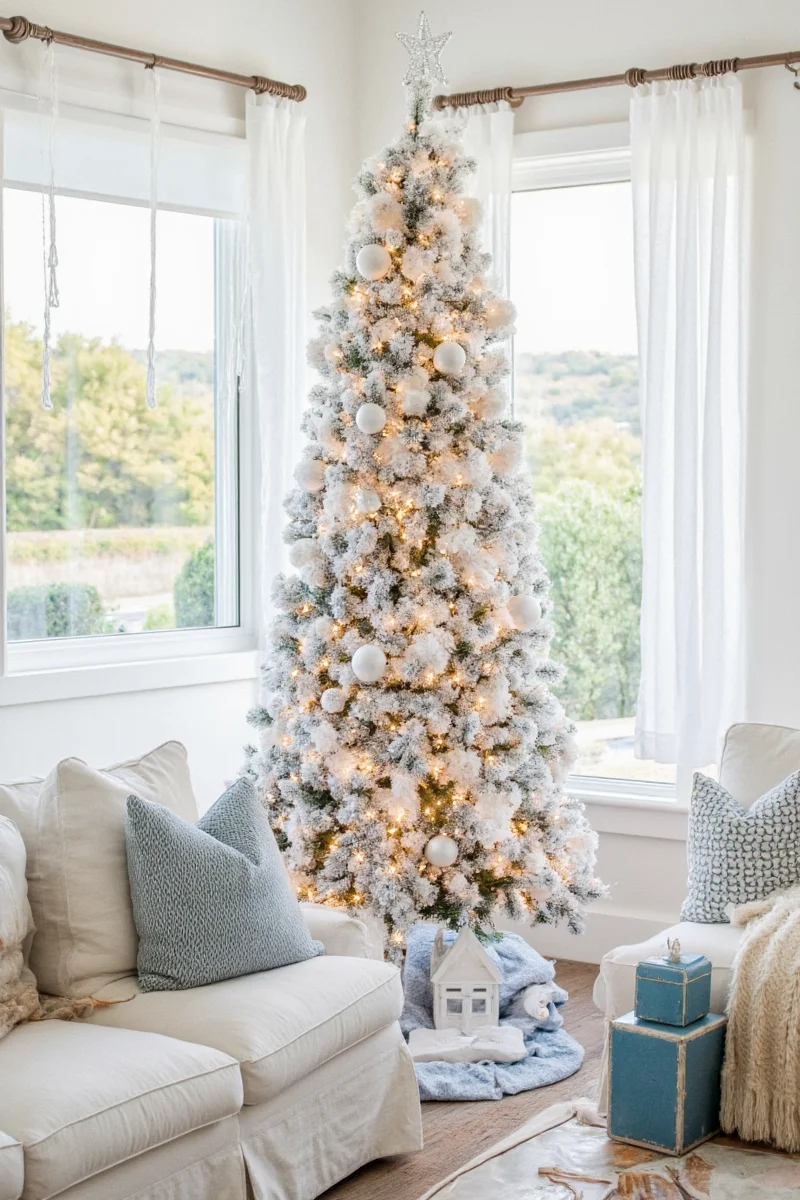Coastal Christmas living room decor with blue and white tones
