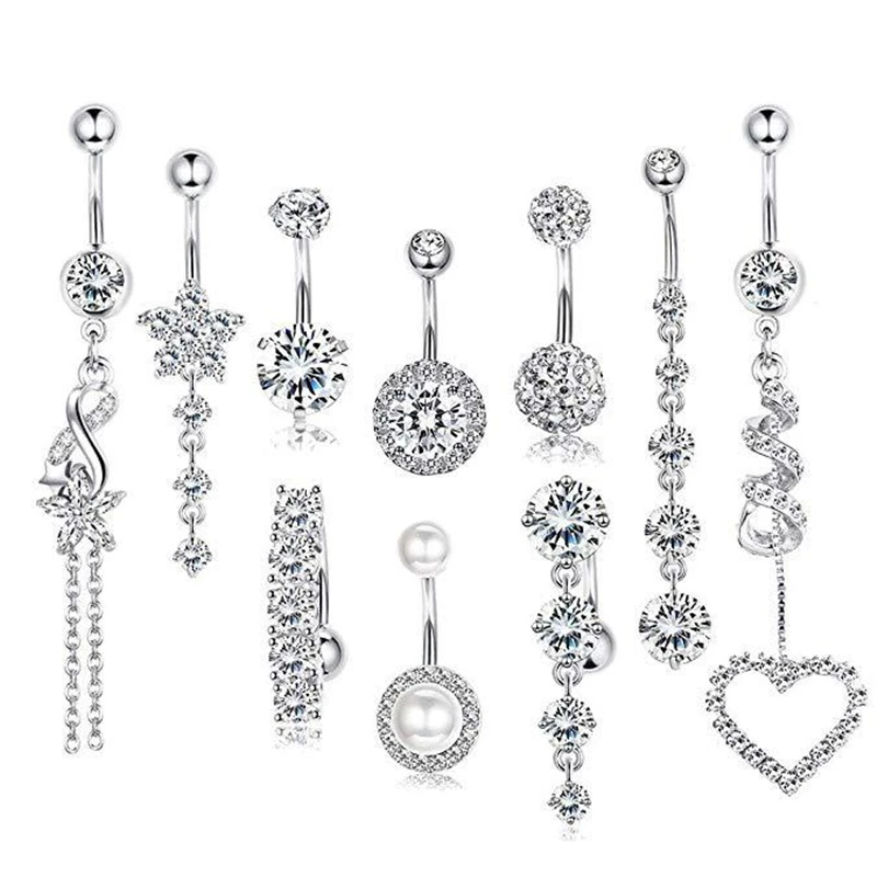 

10 pcs Stainless Steel Heart Zircon Belly Button Ring Sets Umbilical Nail Body Piercing Ring Jewelry Set Belly Button Nail, Picture