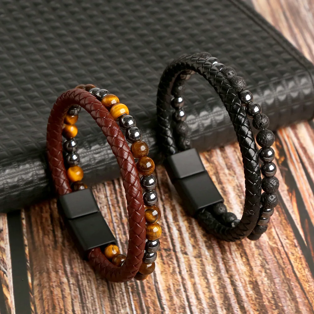 

Pulseira De Couro Weave Leather Magnetic Clasps Hand Chain Bracelet Men Gift Accessories Leather Bracelet