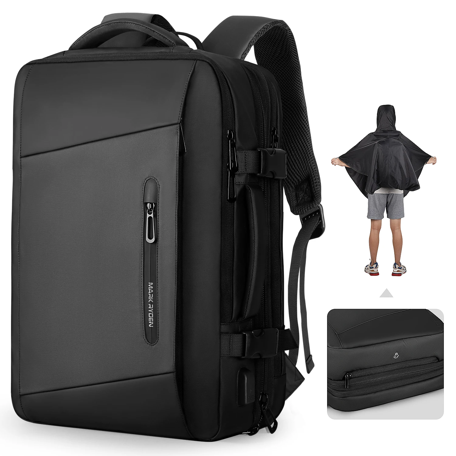 

Mark Ryden man fashion backpack bag with raincoat and USB charging port, Black