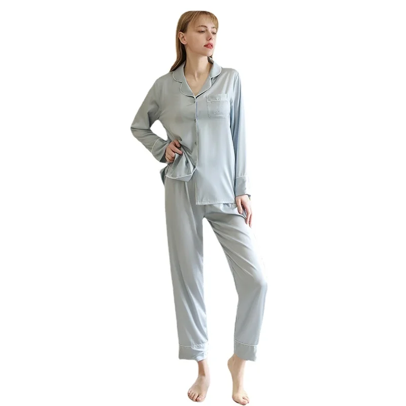 

Piping Sleeping Nightwear Luxy Long Sleeve Shirt and Pajamas Pant Two Pieces Women's Breathable Sleepwear Pajama Satin Set