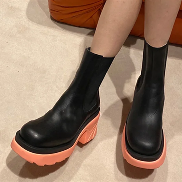 

Black Boots Fashion Thick Bottom Big Toe Women Ankle Boots High Top Slip on Chunky Heel Booty short for Lady Platform, Green,pink blue