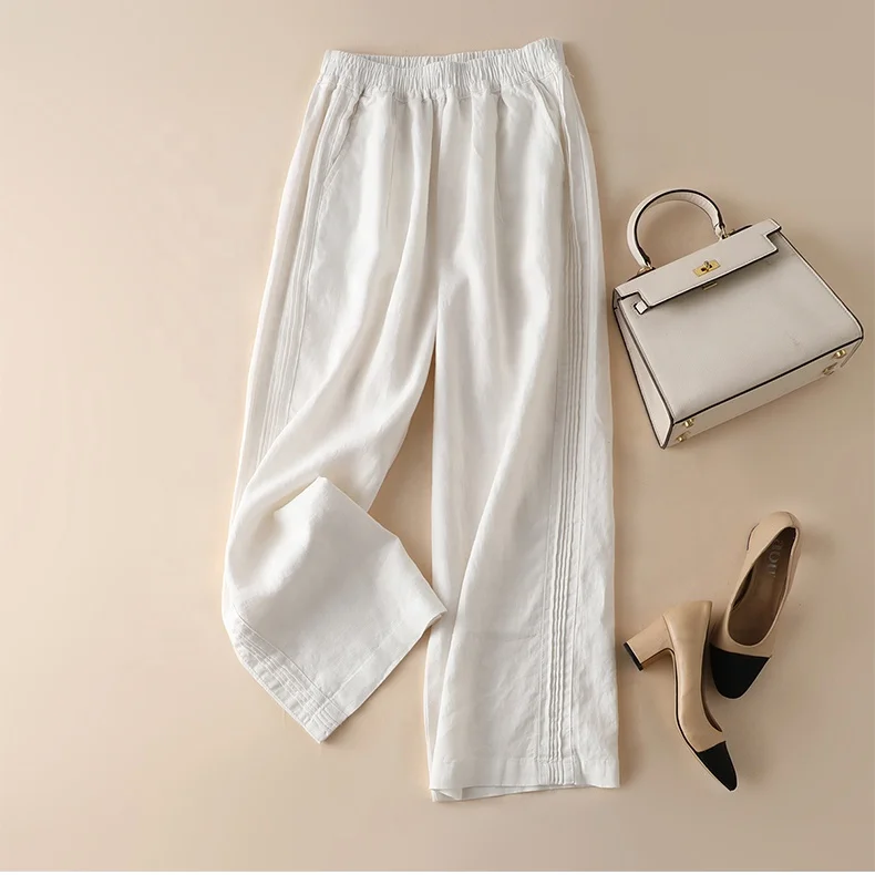 

Women loose wide leg cotton straight pure linen pants solid color trousers