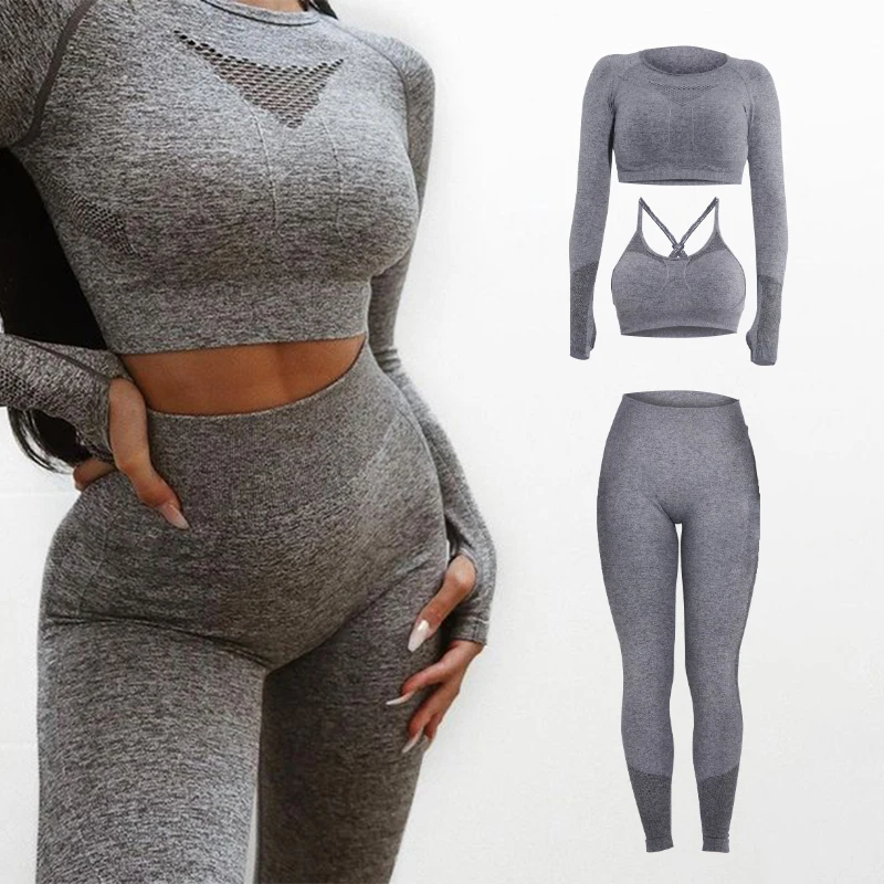 

Women seamless yoga wear long sleeve crop top 3 piece activewear seamless gym fitness yoga sets