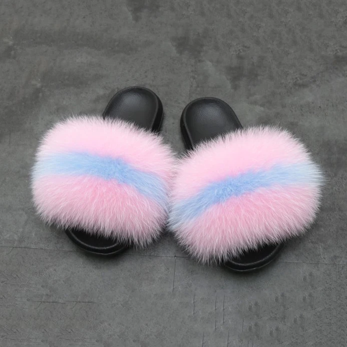 

Wholesale custom indoor slipper luxury style women fur flat slides fox fur slipper comfortable cute high quality, As photo