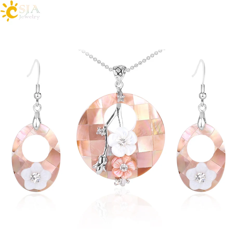 

CSJA natural pearl shell jewelry set pendant necklace earrings carved shell with flower bohemian jewellery sets for women F617