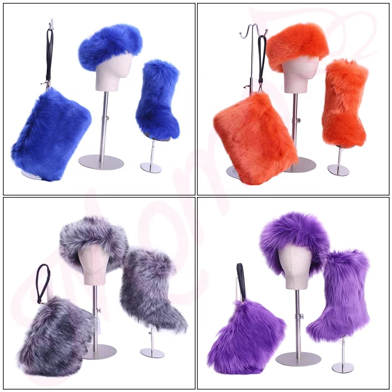 
Winter Fashionable Rainbow Faux Sheep Fox Fur Snow Boots Shoes Sets for Kids and Girls Women with Fur Headband and Purse 