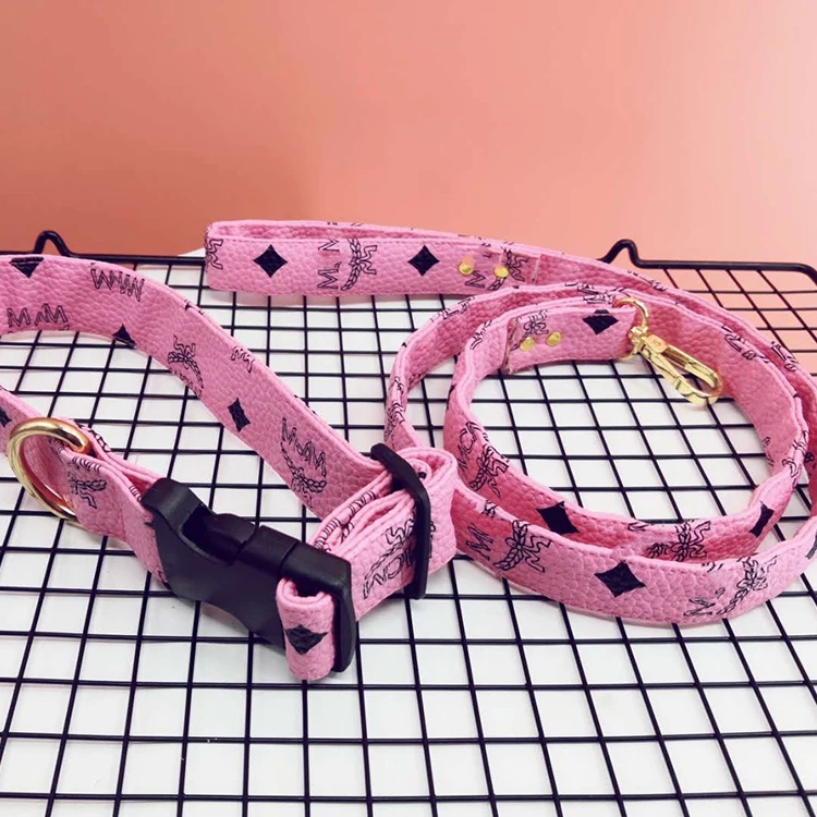 

Wholesale luxury designer dog collar and leash Printed leather pet dog collar and leash set