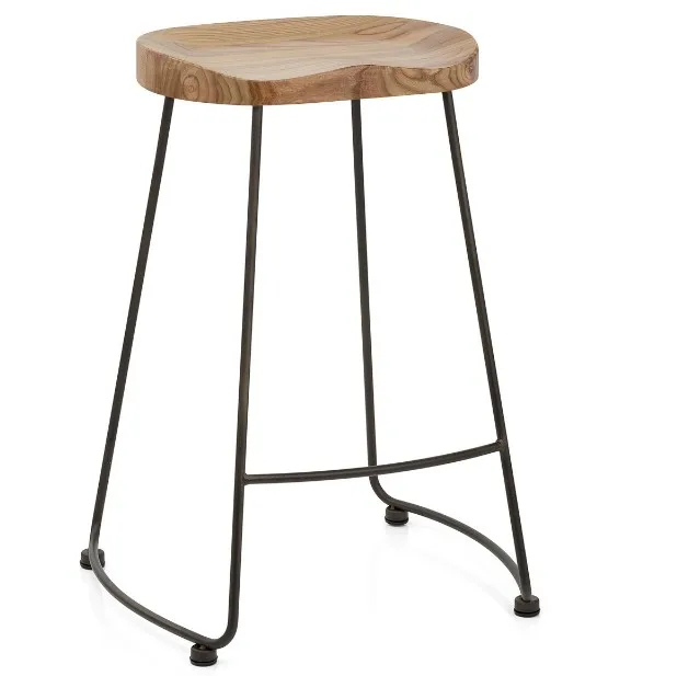 Factory Kitchen Metal Leg Wooden Seat Solid Wood Bar Stool Factory Kitchen Metal Leg Wooden Seat