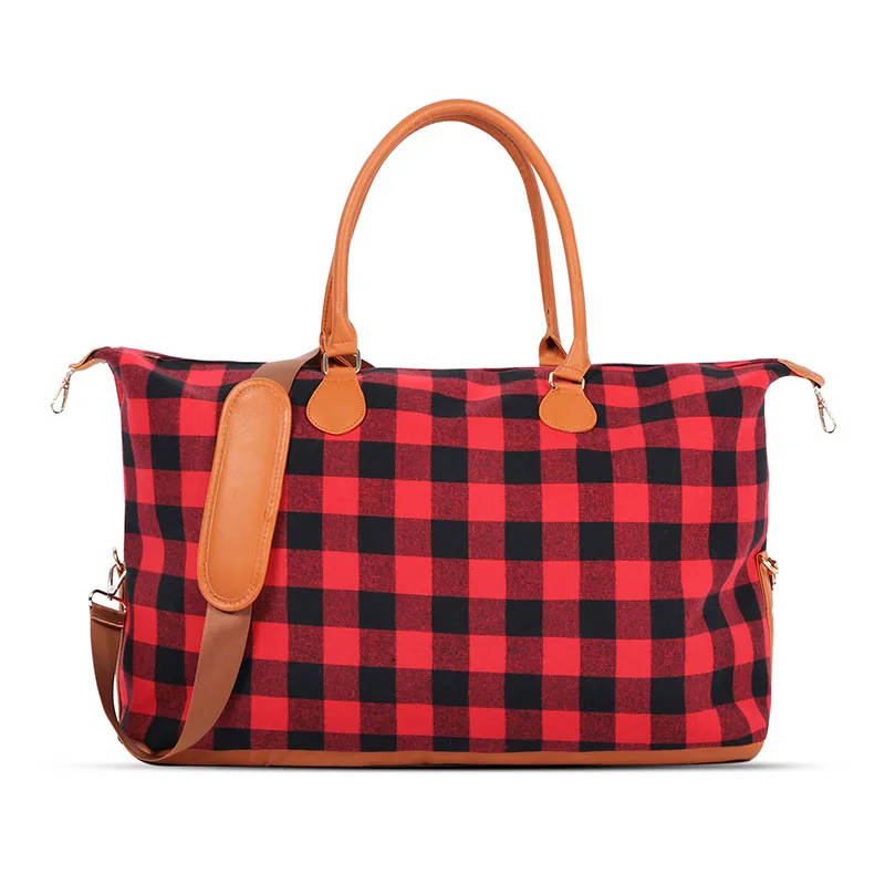 

Travel Tote Bag Wholesale Large Capacity Buffalo Plaid Travel Weekender Bag With Pu Hand, As pic show