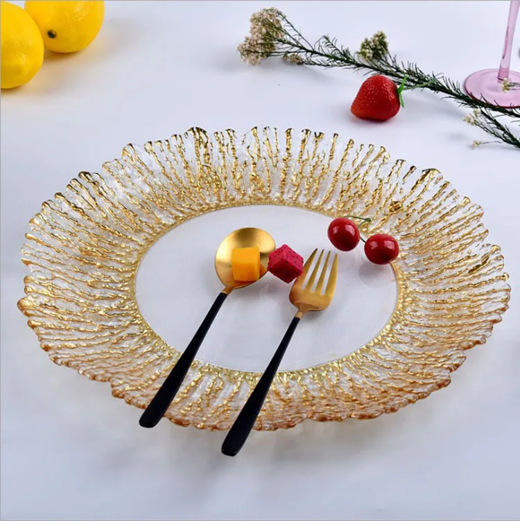 

2020 new trend wedding party custom glassware reef flower shaped glass charger plates for serving, Gold, silver