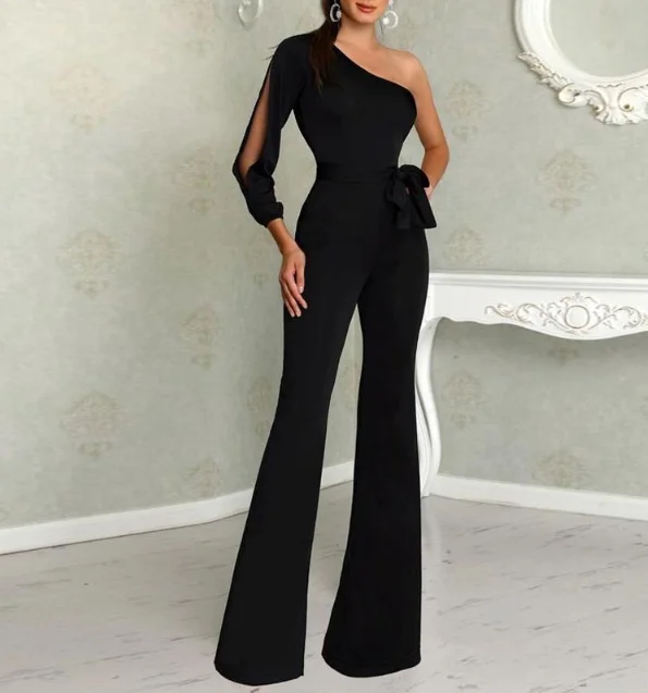 

Autumn Sexy Spilt Sleeves One Shoulder Sashes Lady Casual Jumpsuits, Black blue