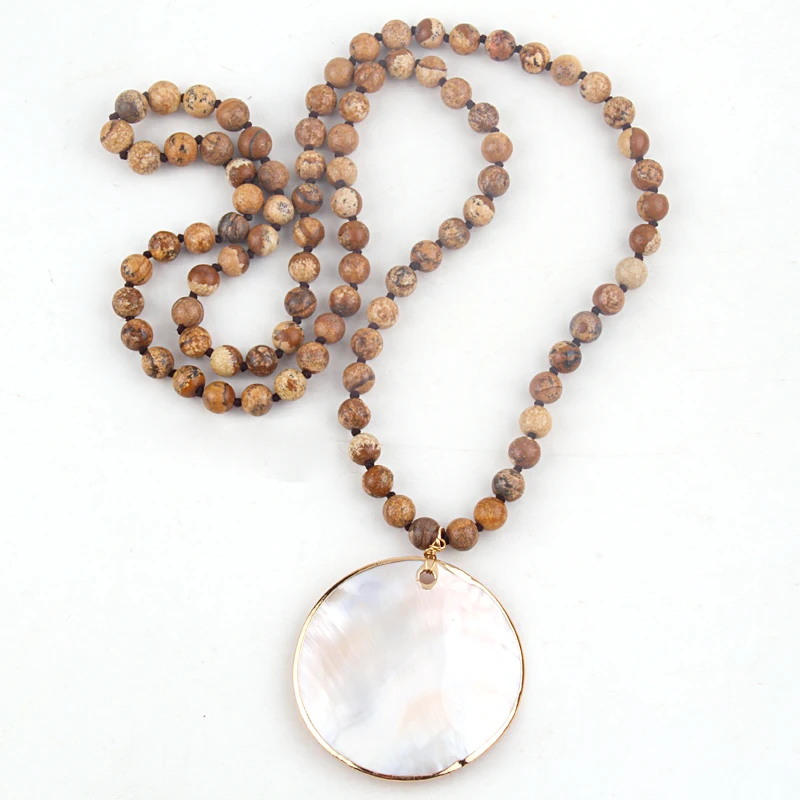 

Fashion Natural stone Long Tiger Eye Knotted With Shell Pendant Necklace Women Lariat Necklaces, 4 color