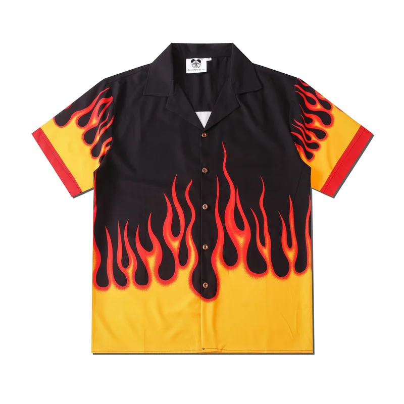 

Hawaiian Shirts for Men Flame Print Short Sleeve Summer Casual Shirts Men Harajuku Hip Hop Chemise Homme Camisa Masculina, Customized color
