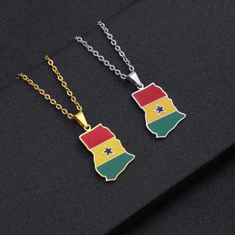 

316L Stainless Steel Real Gold Plated Ghana Necklace Oil Drip Ghana Pendant Necklace Enamel Ghana Map Necklace