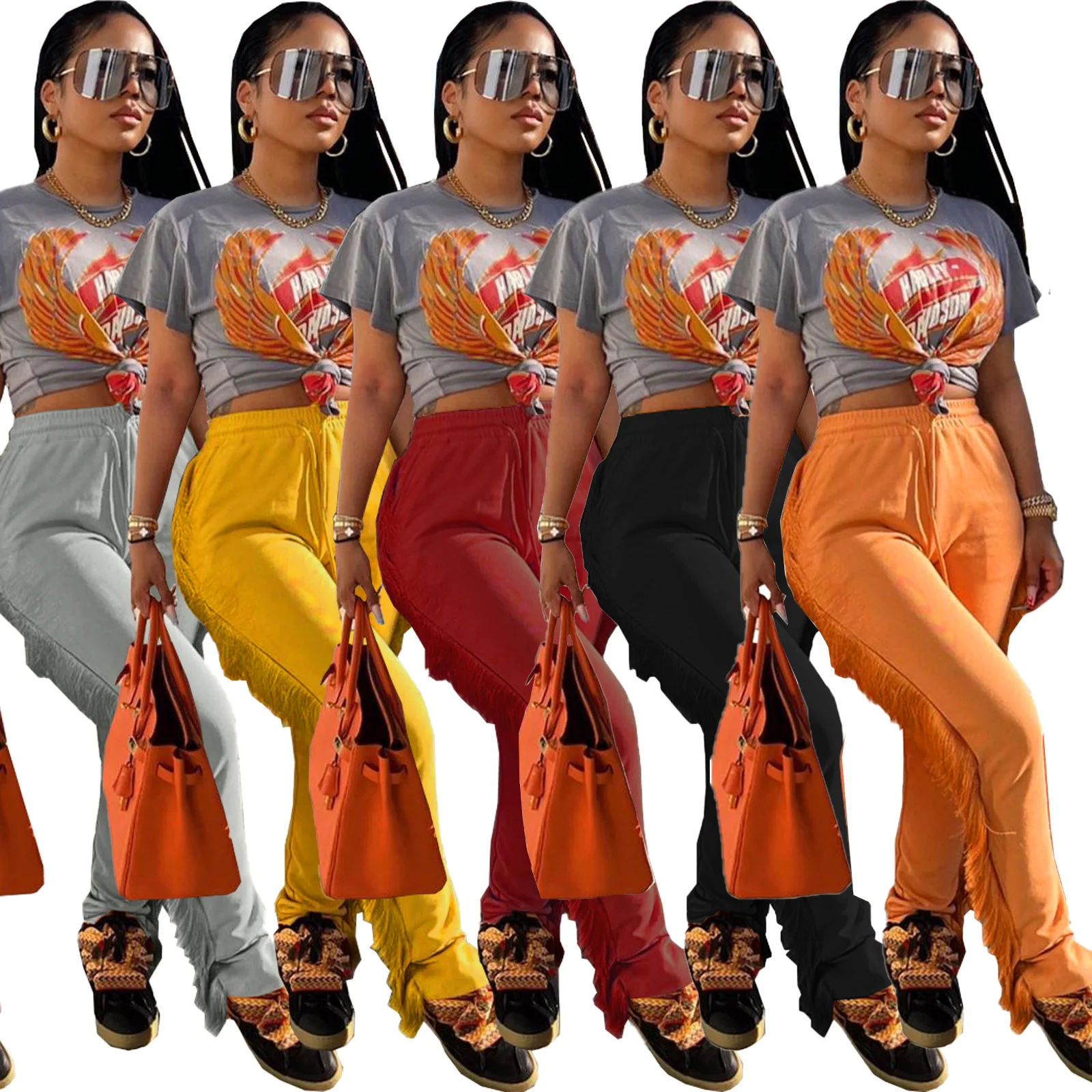 

Fall Winter 2022 Clothing Women Side Tassel Straight Drawstring Womens Knitted Trousers Long Fringe Track Sweat Pants, Black,orange,white/gray