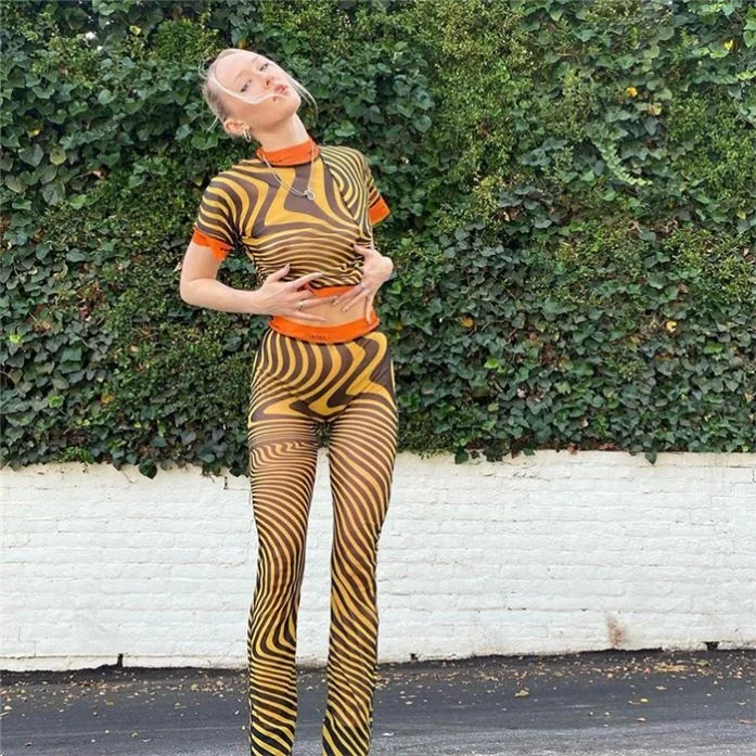 

D5295-women fashion clothes styles zebra printing see through mesh casual 2 piece leggings set