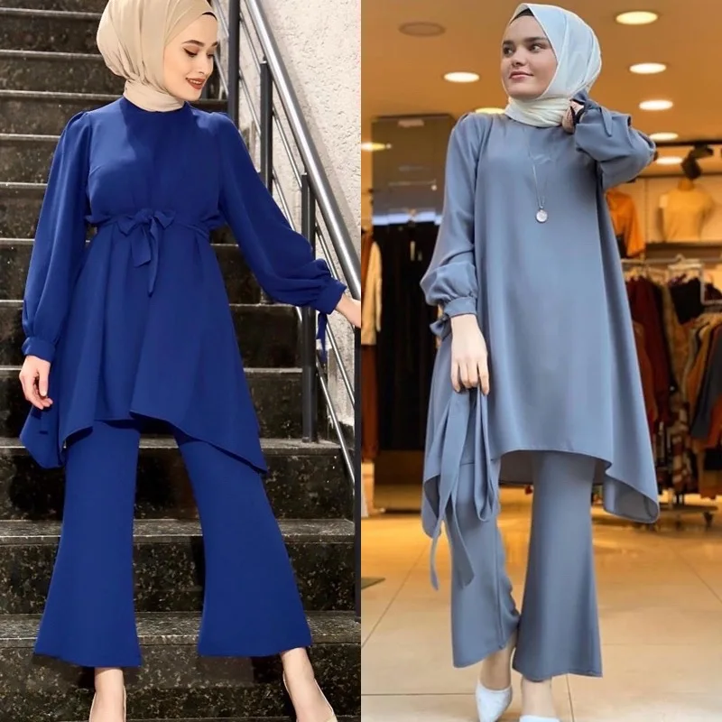 

Wholesale High Quality Soft Arabian Girls Muslim Long Sleeve Clothes Set Islamic Casual Women 2 pcs Suit