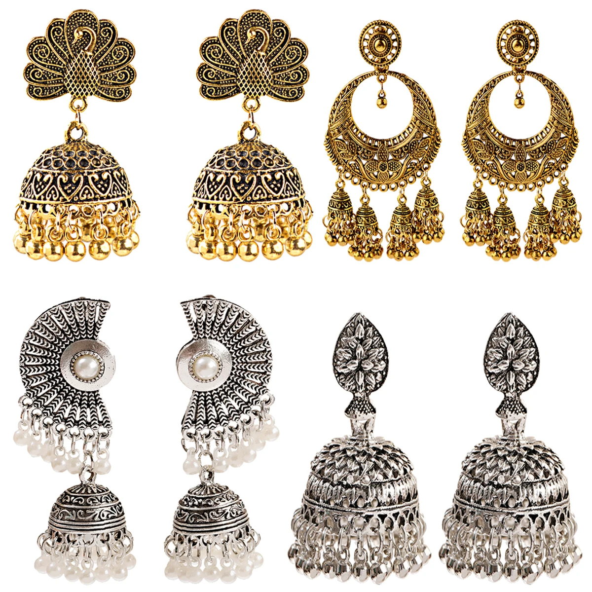 

Douvei Flower Pattern Hollowing Caverd Round Bead Tassel Drop Bells Jewelry Vintage Stud Earrings For Women, Gold plated