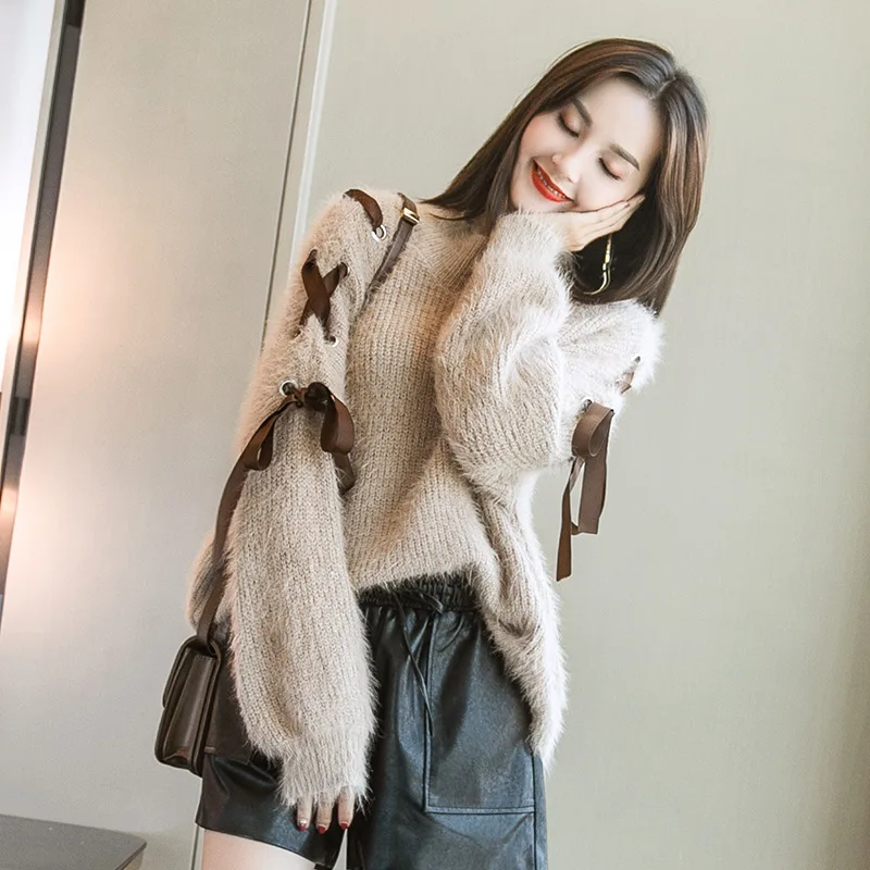 

wholesale Mink fleece women casual sweater pullover winter Cross straps solid color round neck jumper female