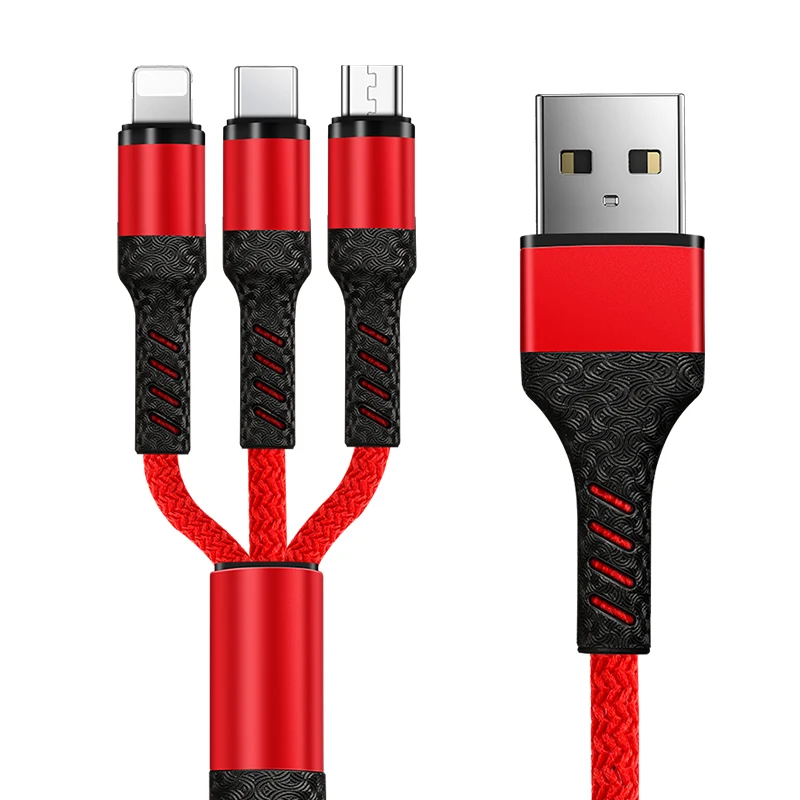 

New Fishing net weaving 3in1 Charging USB Cable 1.2M Multiple USB Cable 2A for Android for Type C for Iphone, Black/silver grey/red/blue/gold