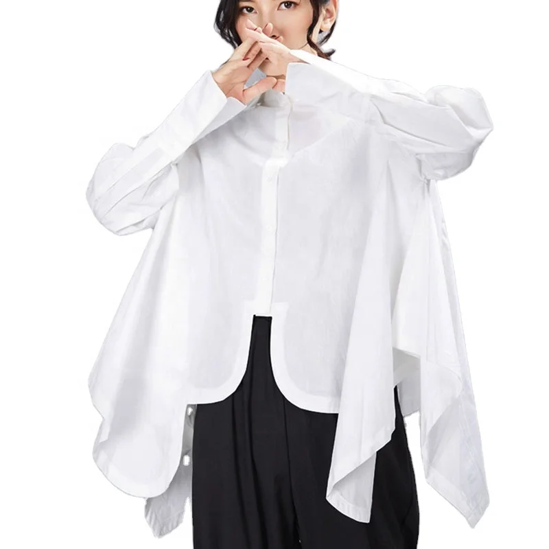 

TWOTWINSTYLE Pleated Irregular Lapel Collar Long Sleeve Loose Shirt Women