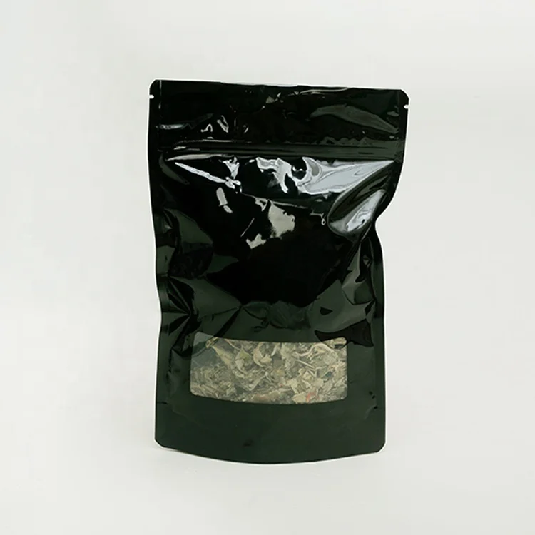
Custom black aluminium foil stand up zip lock transparent clear window plastic food tea bag packaging 