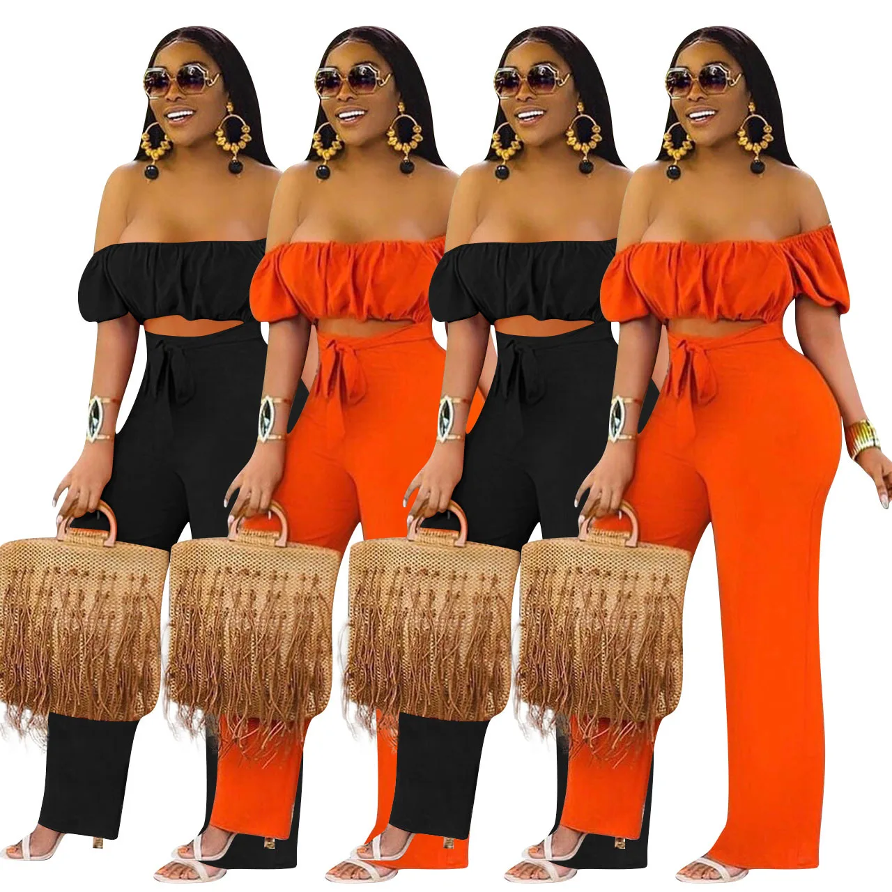 

2021 New Fashion 2piece Women Outfit Off Shoulder Crop Top And Wide Leg Pants Two Pieces Matching Women Set, Picture shows