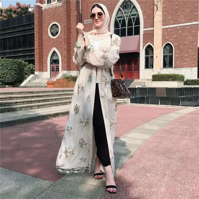 

New design embroidery kimono lace with lining embroidery open abaya, Beige
