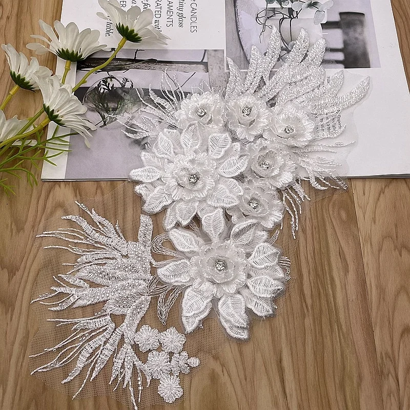 

3D flower stoned embroidery beads lace applique sewing patch, White and black