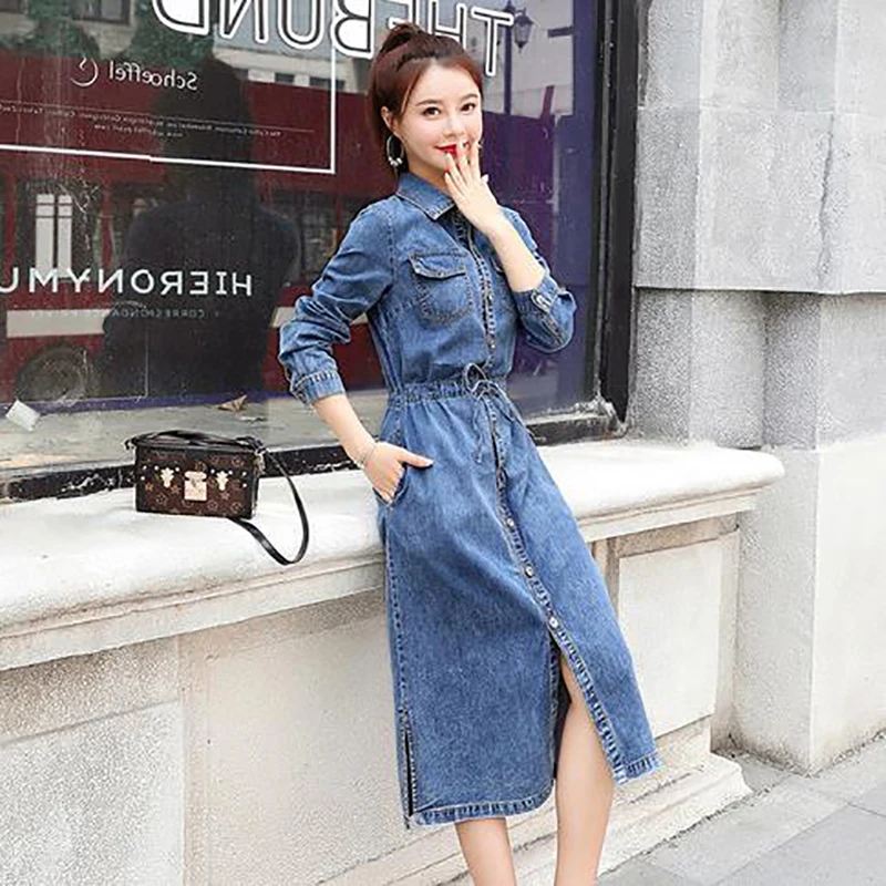 

CUHAKCI Spring And Autumn New Women Denim Dress Single Breasted Vintage Jeans Dress Chic High Waist Loose Long Shirt Dress, Blue