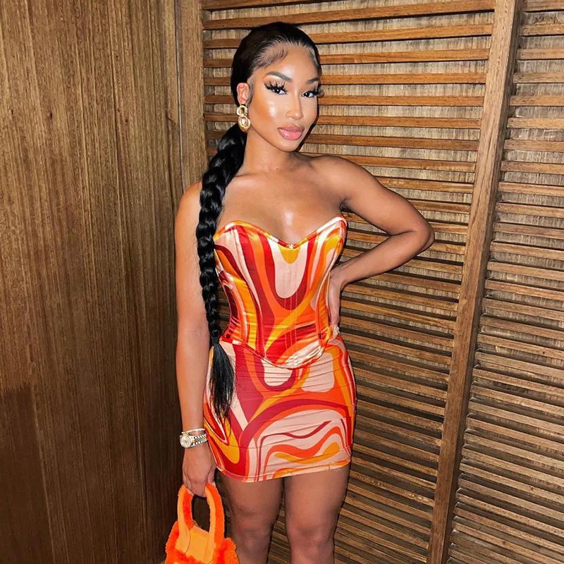 

New Women Clothes 2022 Fashion Crop Top and Mini Skirts Two Piece Set Outfits Summer Club Wear Women Sexy Mini Corset Skirt Set, Orange