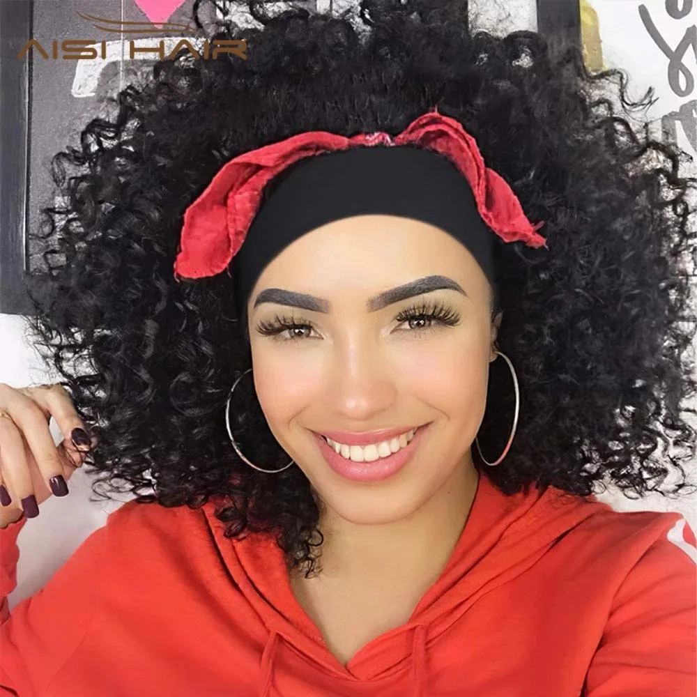 

Short curly hair wig ladies bandage headband wig synthetic kinky curly wig, Black
