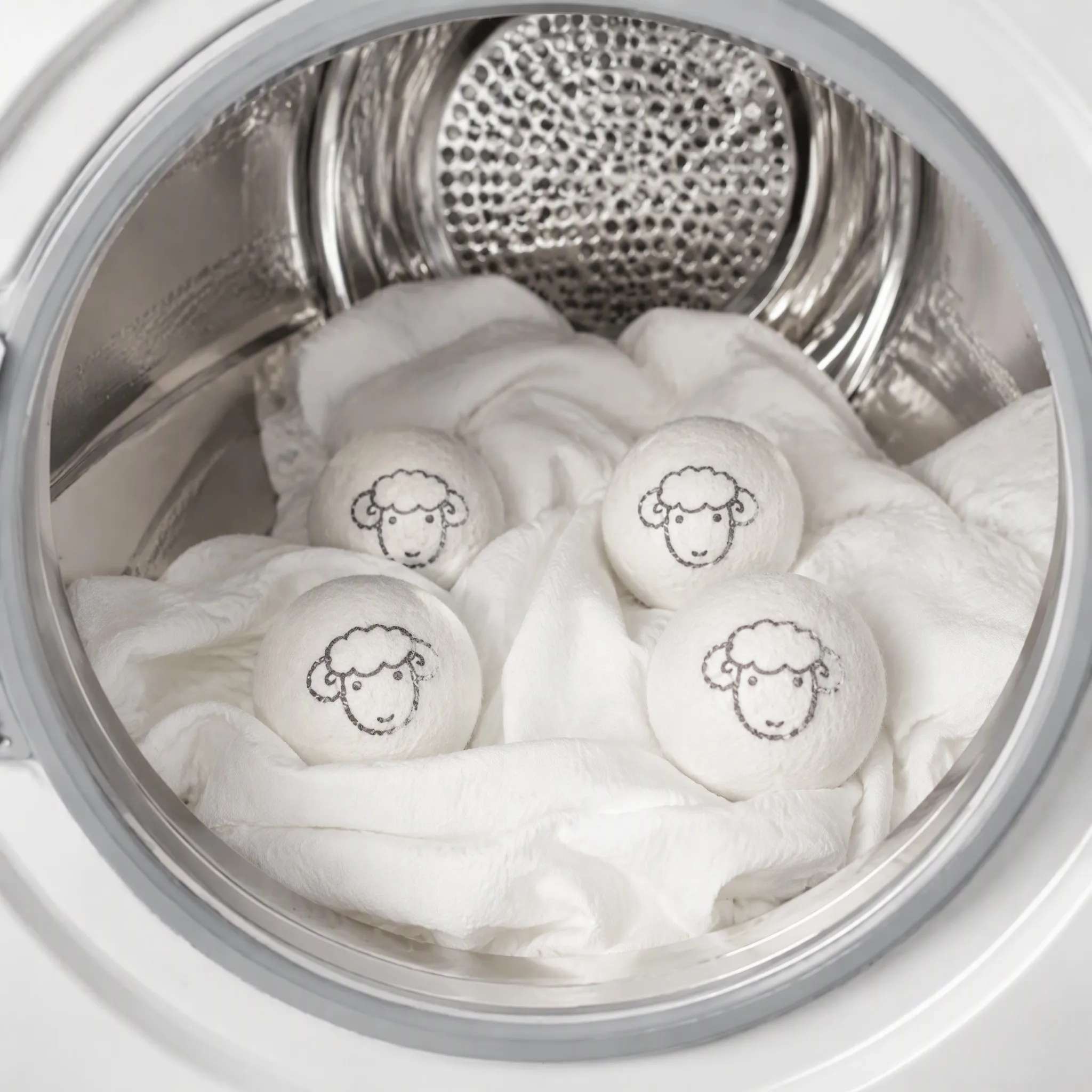 Custom printed wool dryer balls tumbling inside a dryer drum with white bedding