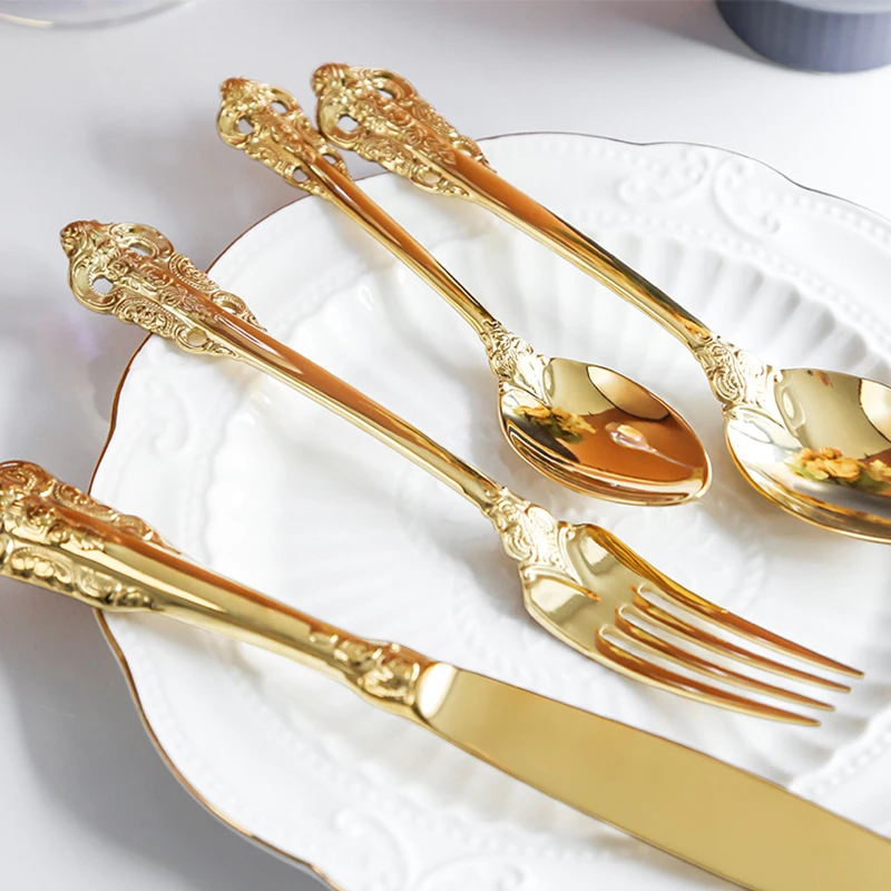 

304 18/10 European Vintage Luxury Gold Silver Cutlery Stainless Steel Wedding Metal Spoon Fork Cutlery, Silver/gold