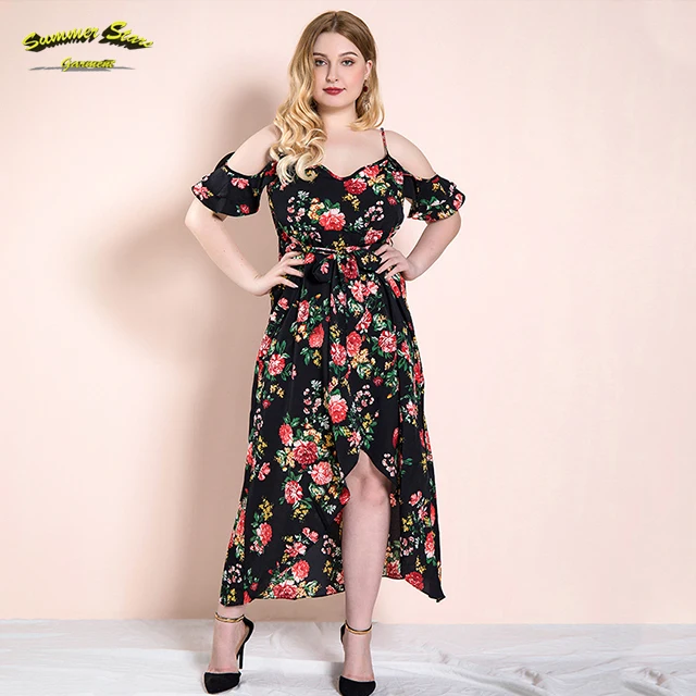 

Plus Size Summer Clothing Fashion Floral Printed Cold Strap Shoulder Boho Wrap Long Maxi Dresses Women, Black floral