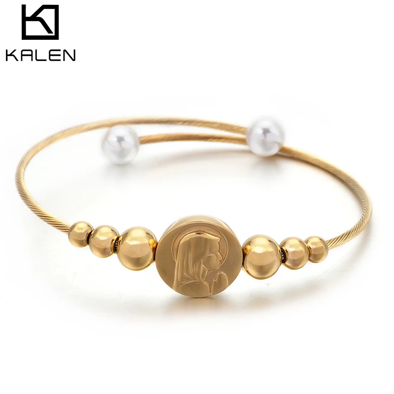 

New Design Stainless Steel Simple Head Portrait Charm Beaded Bangle Women's Pearl Opening Bracelet, Silver/gold/rose gold