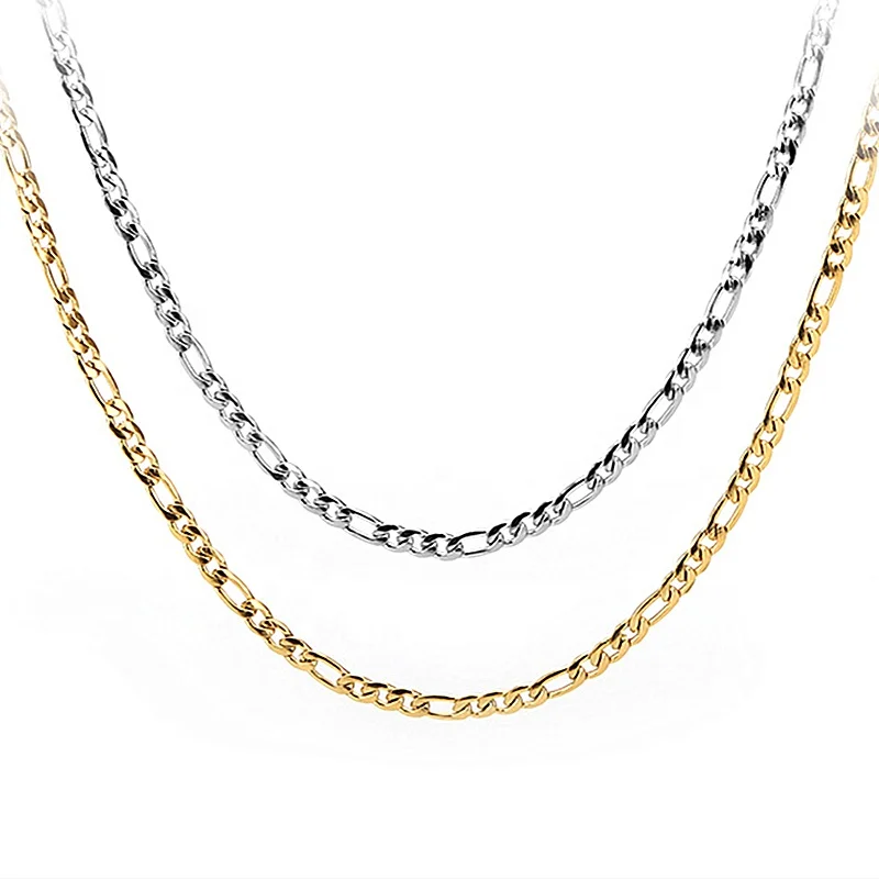 

Wholesale Custom 3mm 4mm Women Jewelry Silver Color 14K 18K Gold Plated Filled Stainless Steel FIgaro Link Chain Necklace