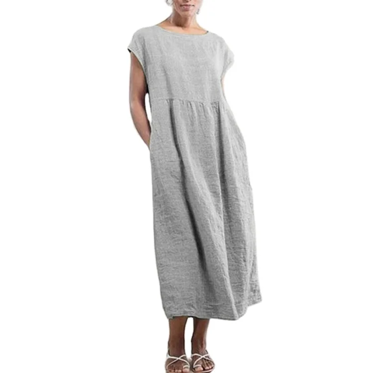 

Fashion women's solid color sleeveless loose cotton and linen pocket dress